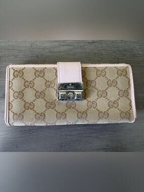 Vintage Gucci GG Monogram Canvas Pink Leather Continental Wallet w/ Box